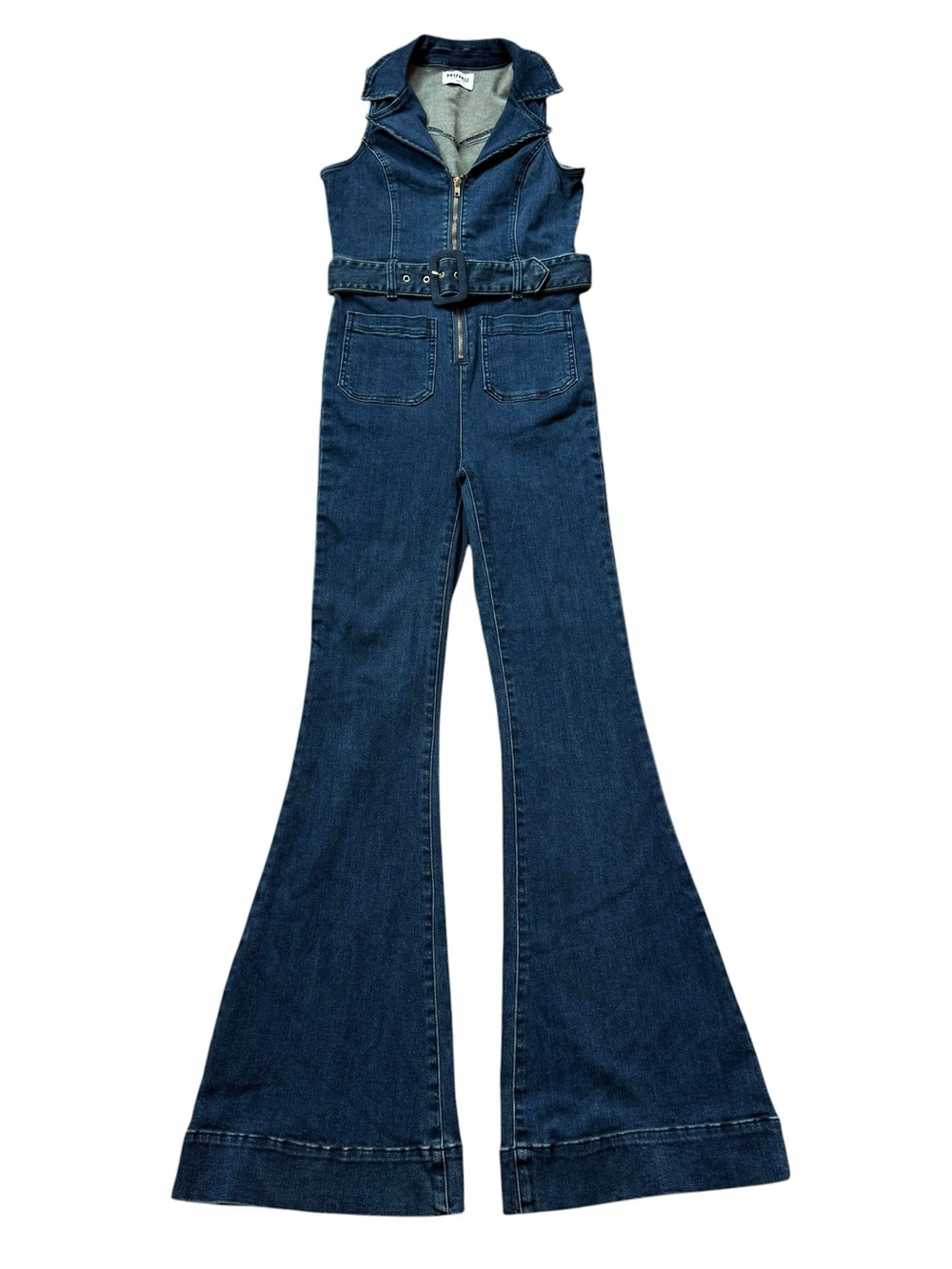 Show Me Your Mumu Jacksonville Denim Bell Bottom Jumpsuit Belted 70s Disco Flare - Picture 7 of 16